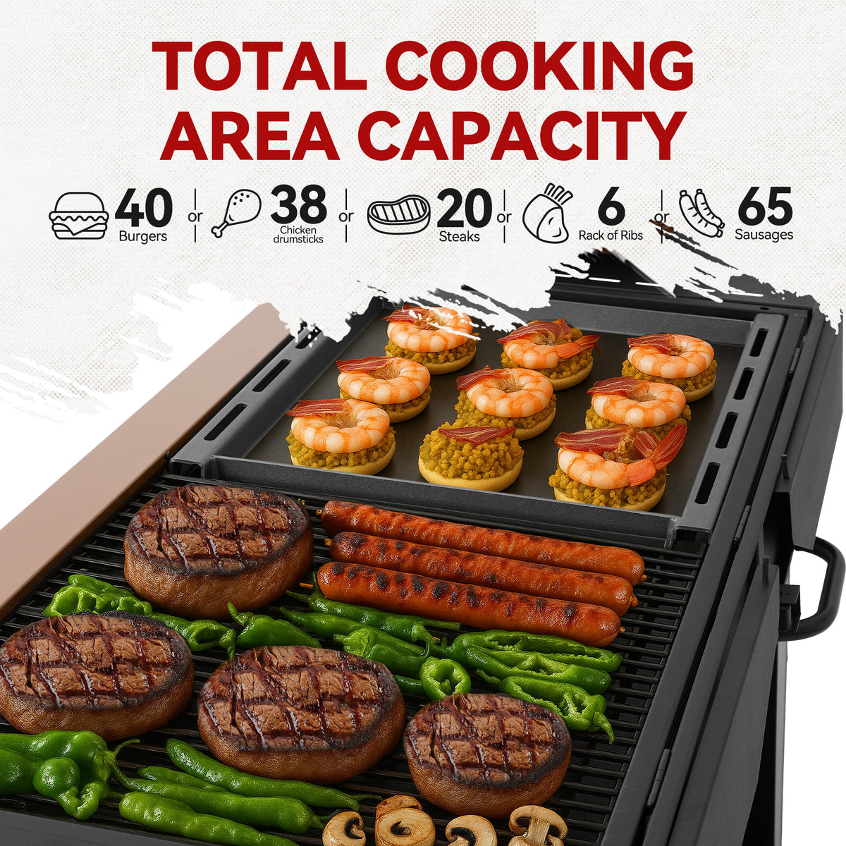 A black Royal Gourmet  outdoor grill shown with food cooking on it, including burgers, steaks, shrimp tacos, hot dogs, sausages, and green peppers. Large red text at the top reads 'TOTAL COOKING AREA CAPACITY' with cooking-quantity icons below, on a light background.