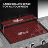 Royal Gourmet Grill with red cooking grids displaying area measurements on a black background
