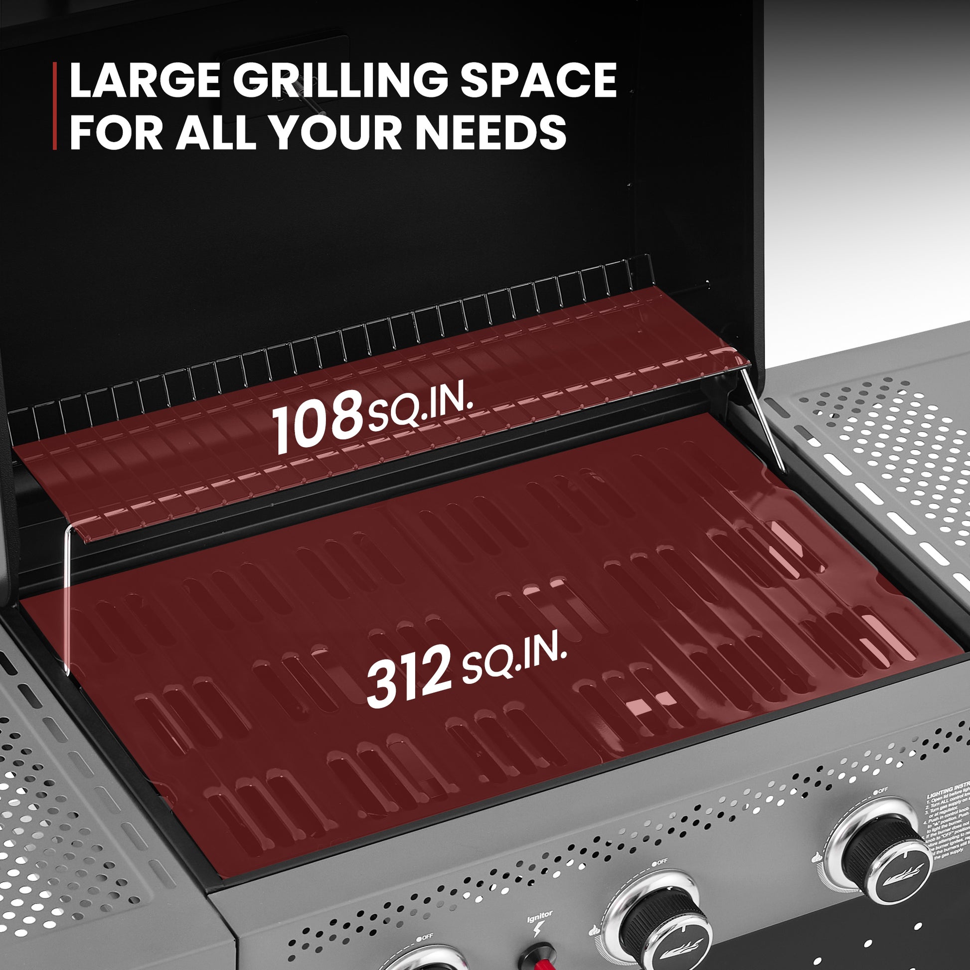 Royal Gourmet Grill with red cooking grids displaying area measurements on a black background