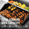 Royal Gourmet Grill with various meats and vegetables cooking, featuring text on cooking capacity.