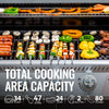 Royal Gourmet  Grill with various food items cooking on it, including vegetables and meats, with text indicating total cooking area capacity.