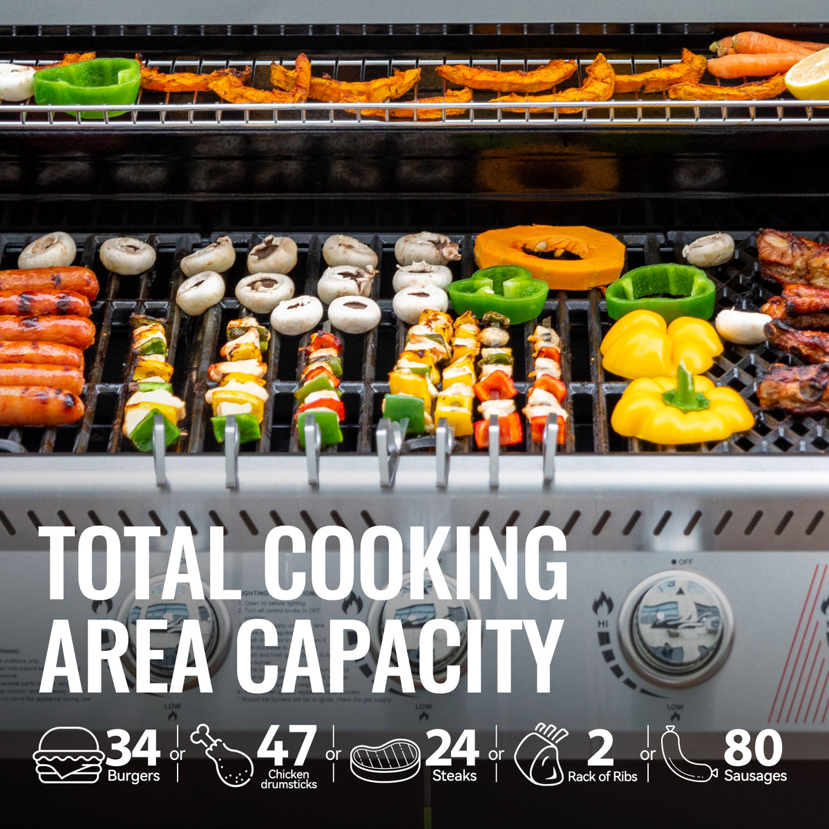 Royal Gourmet  Grill with various food items cooking on it, including vegetables and meats, with text indicating total cooking area capacity.