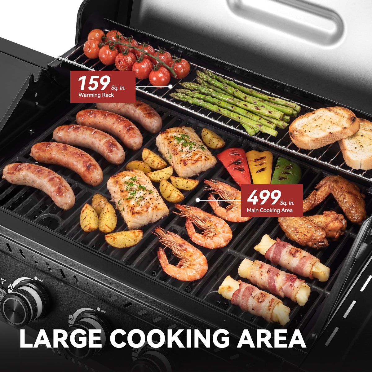A large black Royal Gourmet gas grill loaded with food, including sausages, chicken, shrimp, asparagus, bread, and potatoes, with overlaid text showing cooking area sizes of 159 sq in on the warming rack and 499 sq in for the main cooking area.