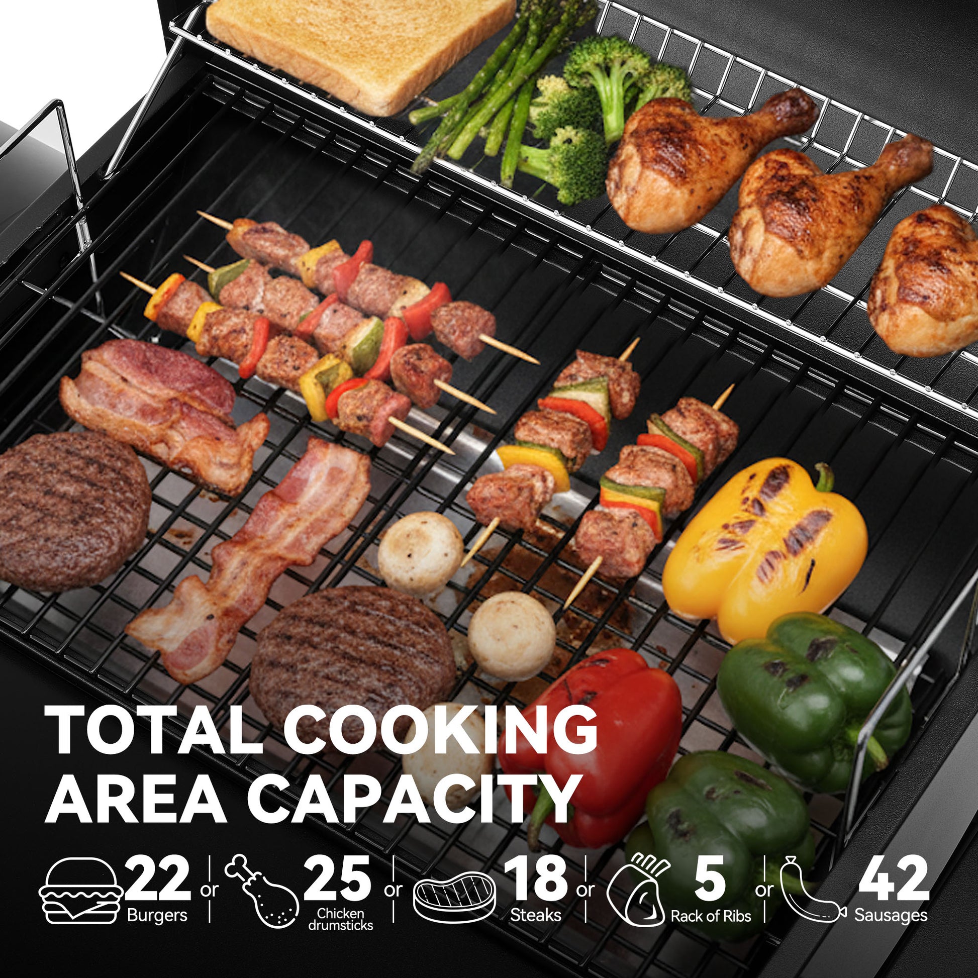 Royal Gourmet Grill with various meats, vegetables, and skewers cooking on a black grill.