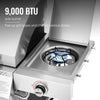 Stainless steel Royal Gourmet gas grill with 9,000 BTU side burner and blue flame.