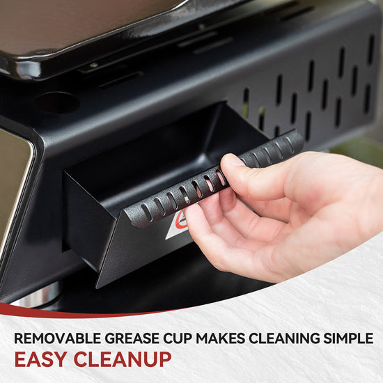 Person removing a removable grease cup from a Royal Gourmet stove with text 'Removable grease cup makes cleaning simple, easy cleanup'.