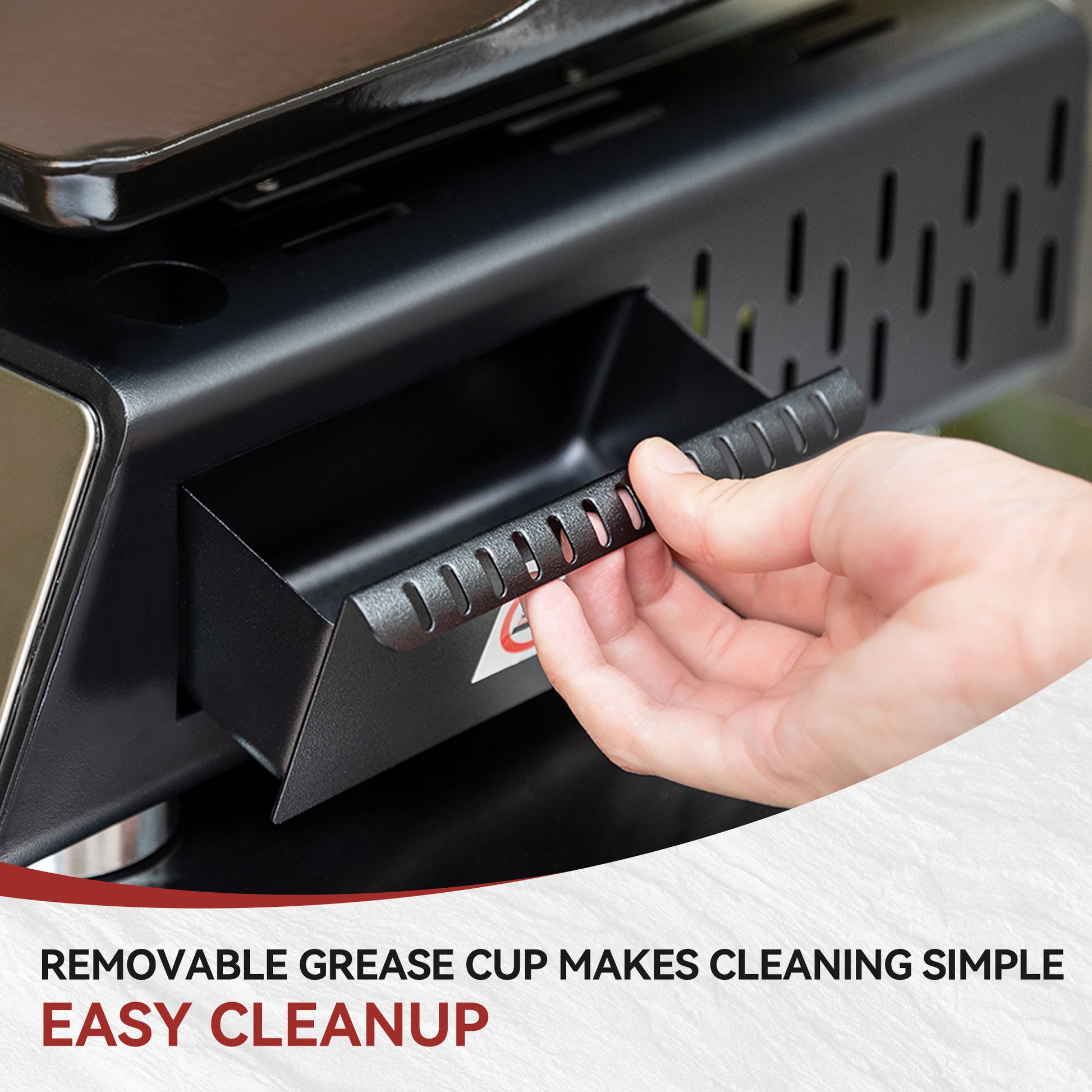 Person removing a removable grease cup from a Royal Gourmet stove with text 'Removable grease cup makes cleaning simple, easy cleanup'.