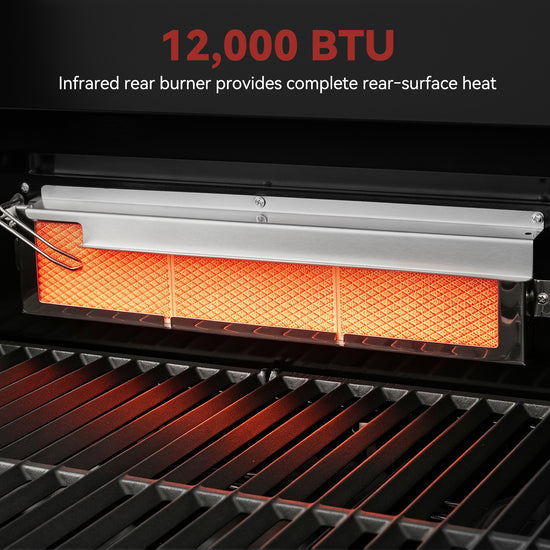 Close-up of a Royal Gourmet  grill's infrared rear burner glowing bright orange-red with text reading '12,000 BTU' and 'Infrared rear burner provides complete rear-surface heat' on a black background.