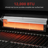Close-up of a Royal Gourmet  grill's infrared rear burner glowing bright orange-red with text reading '12,000 BTU' and 'Infrared rear burner provides complete rear-surface heat' on a black background.