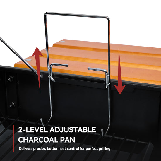 2-level adjustable Royal Gourmet  charcoal pan with wooden surface on a grill