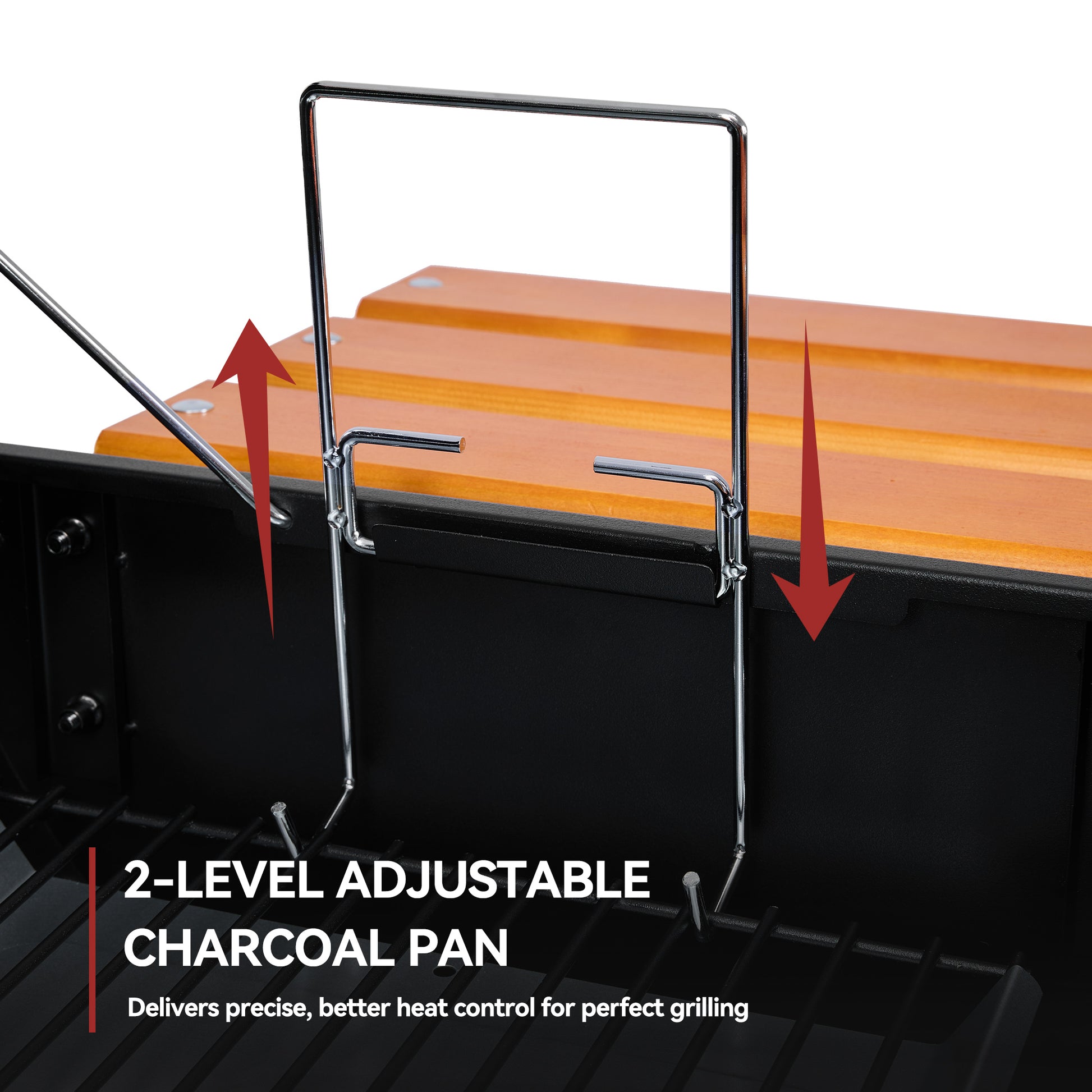 2-level adjustable Royal Gourmet  charcoal pan with wooden surface on a grill