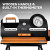 Black Royal Gourmet grill with a wooden handle, built-in thermometer gauge, and a wooden work surface, shown on a dark gray background with feature callouts.