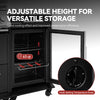 Black electric Royal Gourmet  smoker oven with open door, showing interior racks and a 63 qt capacity label, plus large text reading 'ADJUSTABLE HEIGHT FOR VERSATILE STORAGE' and a close-up inset of the multi-setting temperature knob.