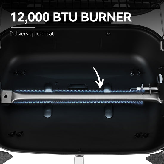 Close-up of a Royal Gourmet  grill burner with '12,000 BTU Burner' text and blue flames.