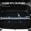 Close-up of a Royal Gourmet  grill burner with '12,000 BTU Burner' text and blue flames.