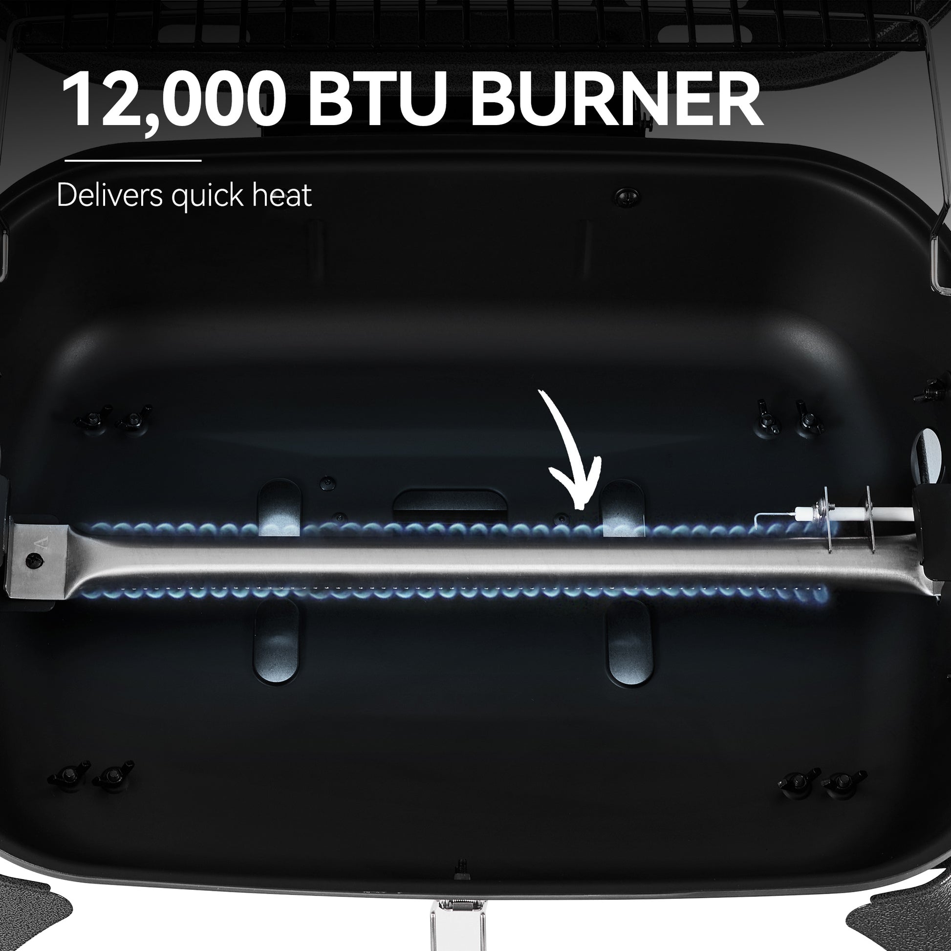 Close-up of a Royal Gourmet  grill burner with '12,000 BTU Burner' text and blue flames.