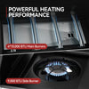 Close-up of a Royal Gourmet as stove showing blue flame jets from two burners with text overlays reading 'POWERFUL HEATING PERFORMANCE', '4*10,000 BTU Main Burners', and '9,000 BTU Side Burner'.