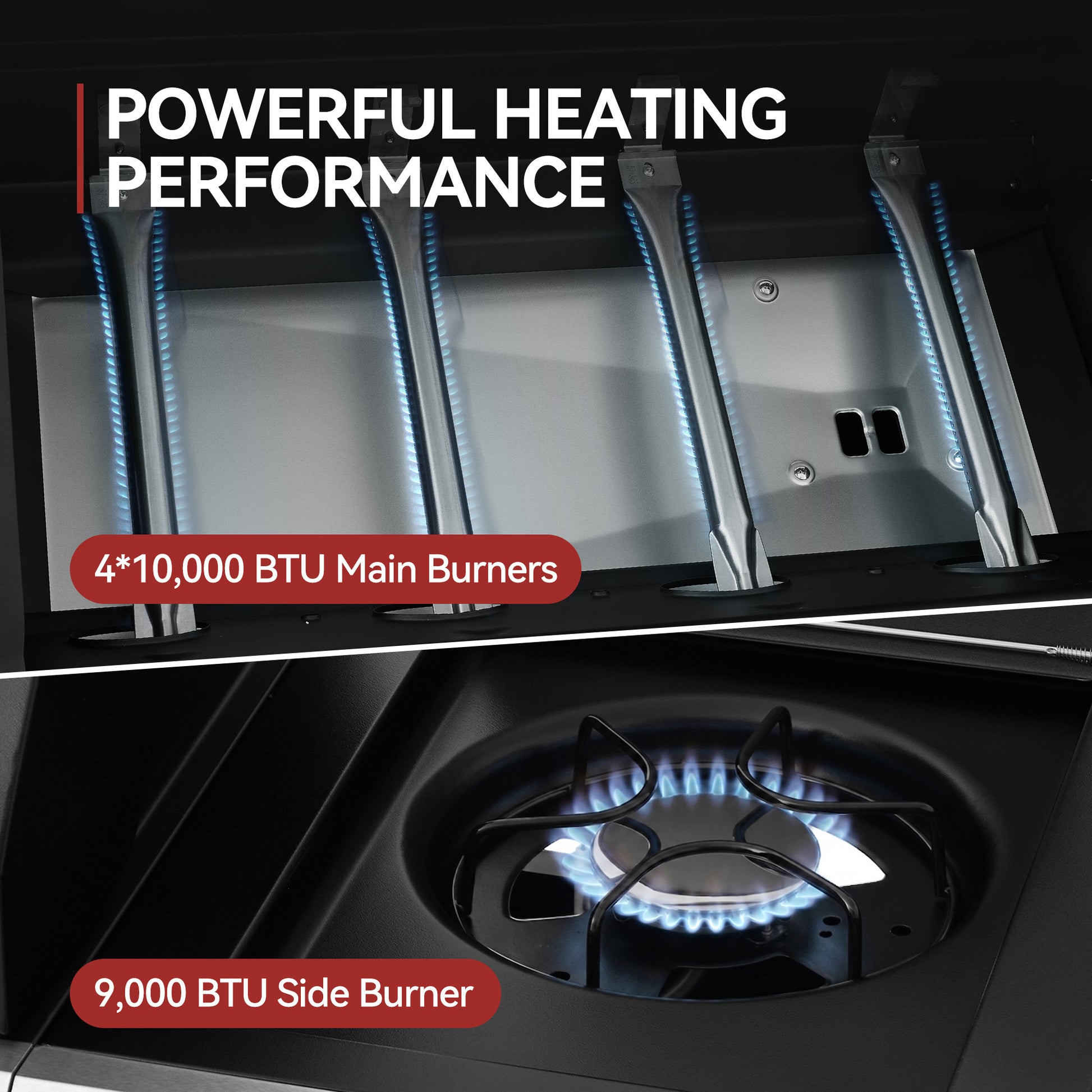 Close-up of a Royal Gourmet as stove showing blue flame jets from two burners with text overlays reading 'POWERFUL HEATING PERFORMANCE', '4*10,000 BTU Main Burners', and '9,000 BTU Side Burner'.
