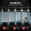 Four stainless steel Royal Gourmet  gas burners with blue flame tubes, featuring text '60,000 BTU ALL STAINLESS STEEL BURNER' and three red feature icons for High Efficiency, Quick Cooking, and Easy to Clean.