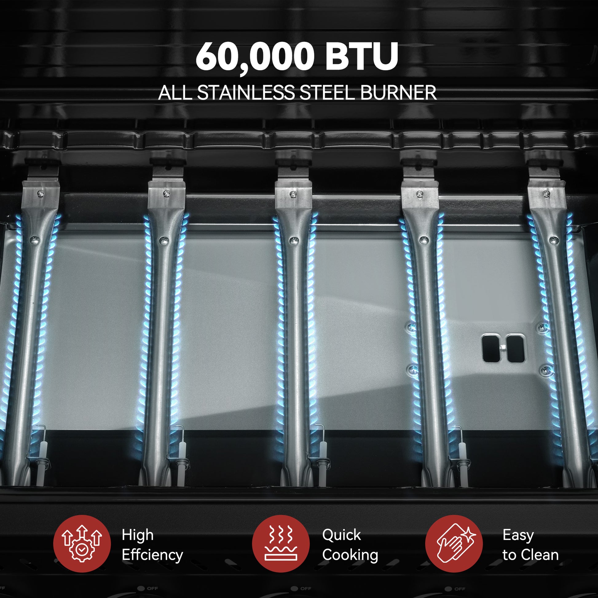 Four stainless steel Royal Gourmet  gas burners with blue flame tubes, featuring text '60,000 BTU ALL STAINLESS STEEL BURNER' and three red feature icons for High Efficiency, Quick Cooking, and Easy to Clean.