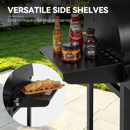 Black outdoor side shelves on a Royal Gourmet grill, shown with food items and a circular inset of prepared food on the shelf, with text reading 'VERSATILE SIDE SHELVES' and 'Extra workspace for prep and serving.'.