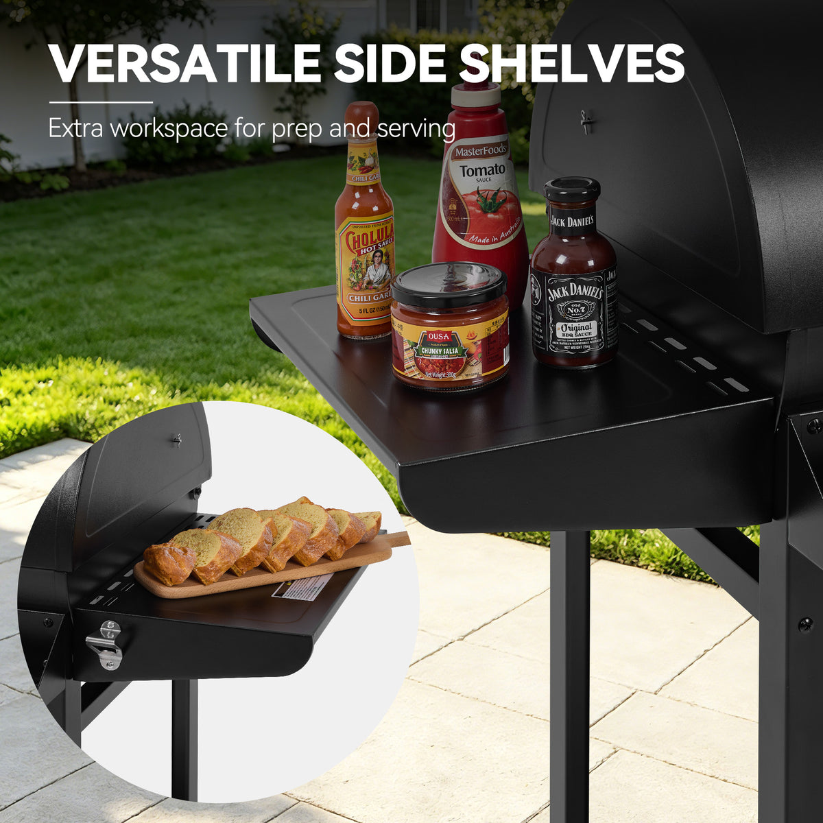 Black outdoor side shelves on a Royal Gourmet grill, shown with food items and a circular inset of prepared food on the shelf, with text reading 'VERSATILE SIDE SHELVES' and 'Extra workspace for prep and serving.'.