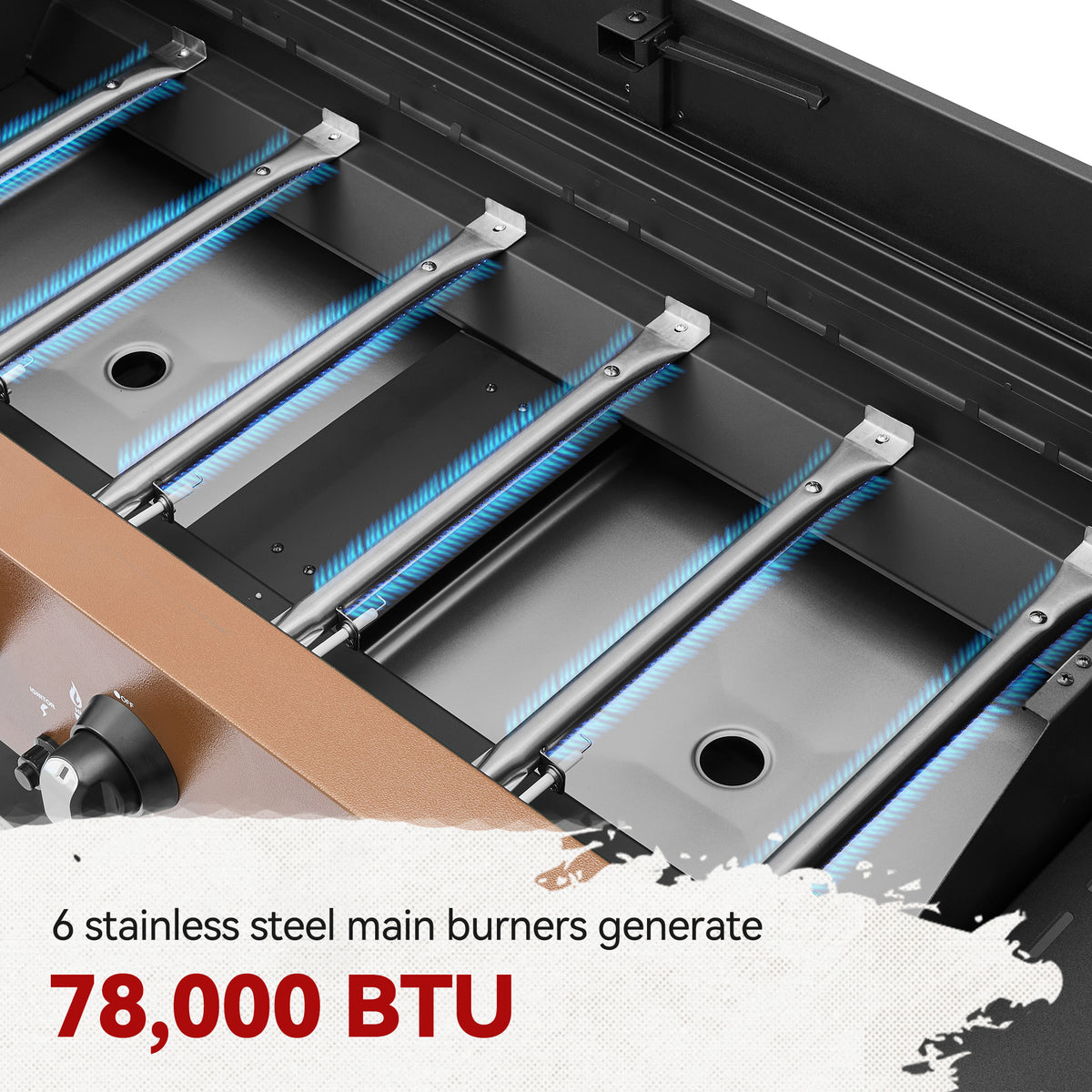 Close-up of a Royal Gourmet  grill with 6 stainless steel main burners generating 78,000 BTU.