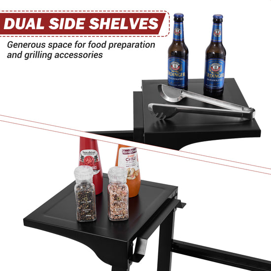 Black Royal Gourmet grill accessory with dual side shelves displaying bottles and condiments.