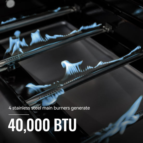 Royal Gourmet  Stainless steel main burners with visible flames inside a stove, highlighting 40,000 BTU power.