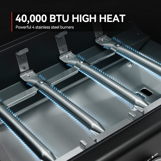 Royal Gourmet Grill with 40,000 BTU high heat and stainless steel burners on a black background