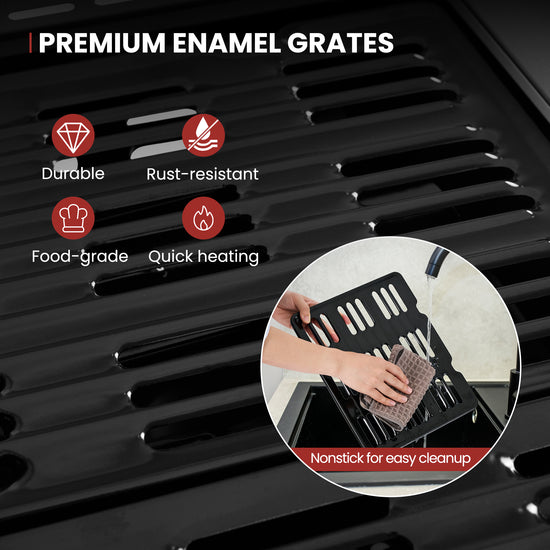Royal Gourmet Black enamel grates with durability, rust-resistance, food-grade, quick heating, and nonstick features highlighted.