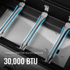 Royal Gourmet Stainless steel main burners with blue flames inside a grill, featuring text about BTU power.