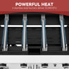 Close-up of a Royal Gourmet gas range or oven interior showing four vertical stainless steel burners with blue flame tubes, under a red banner that reads 'POWERFUL HEAT' and '4 stainless steel burners deliver 52,000 BTU'.