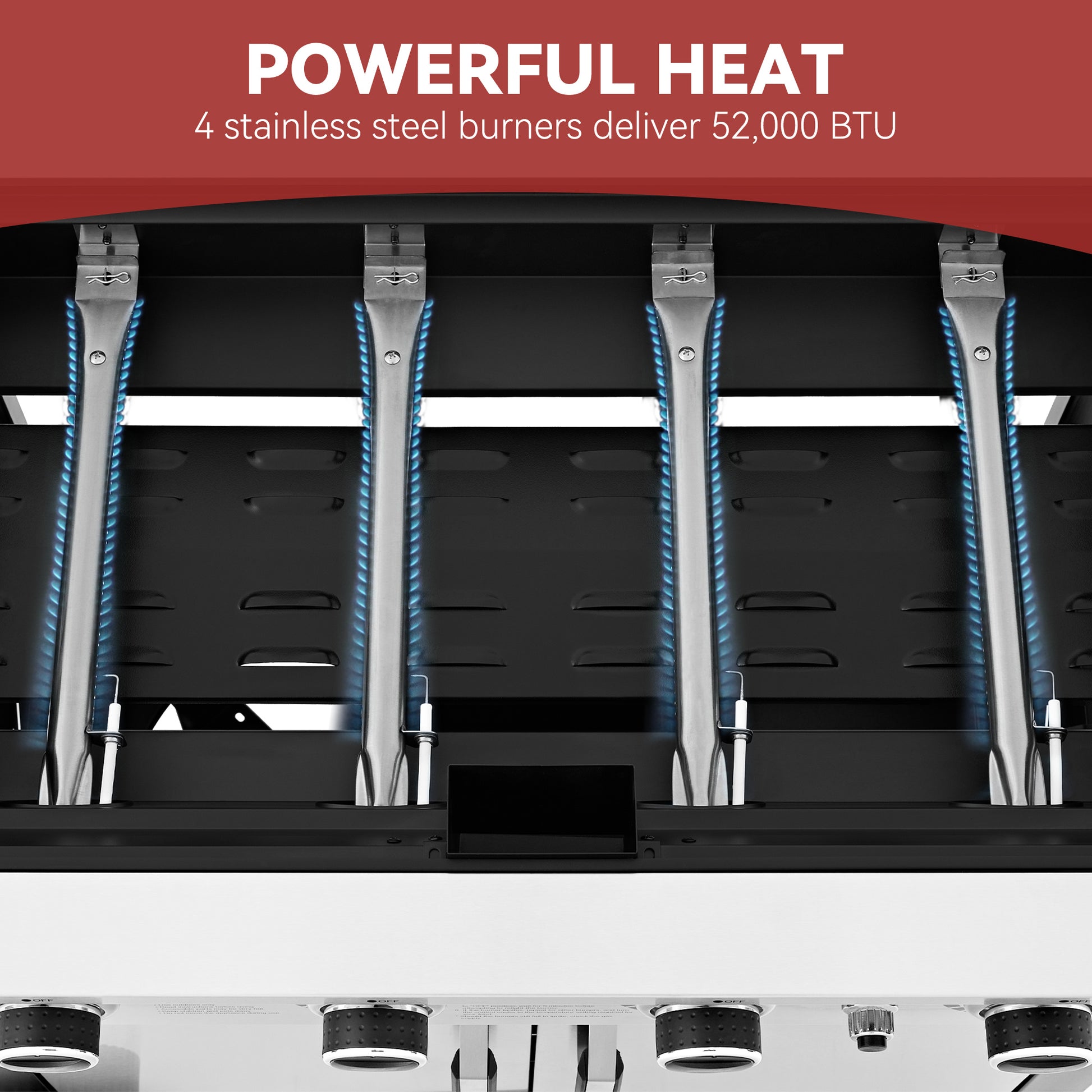 Close-up of a Royal Gourmet gas range or oven interior showing four vertical stainless steel burners with blue flame tubes, under a red banner that reads 'POWERFUL HEAT' and '4 stainless steel burners deliver 52,000 BTU'.