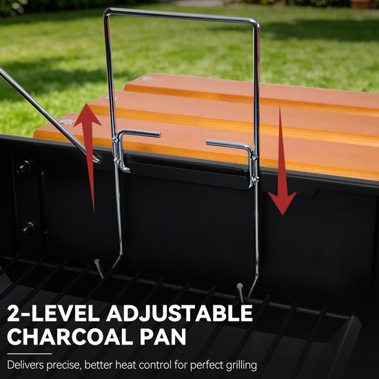 A close-up outdoor shot of a black Royal Gourmet grill insert holding a two-tier orange wooden charcoal pan, with red arrows and text reading '2-LEVEL ADJUSTABLE CHARCOAL PAN' and 'Delivers precise, better heat control for perfect grilling.'.