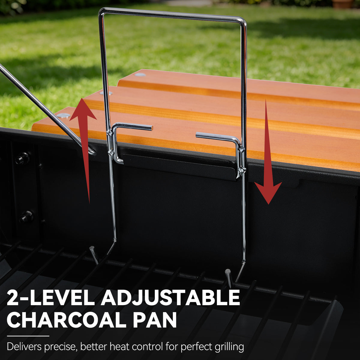 A close-up outdoor shot of a black Royal Gourmet grill insert holding a two-tier orange wooden charcoal pan, with red arrows and text reading '2-LEVEL ADJUSTABLE CHARCOAL PAN' and 'Delivers precise, better heat control for perfect grilling.'.
