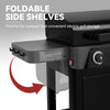 Close-up of a black Royal Gourmet electric grill with a side shelf extended outward, showing foldable side shelves and a red arrow indicating the shelf can be folded flat for storage.