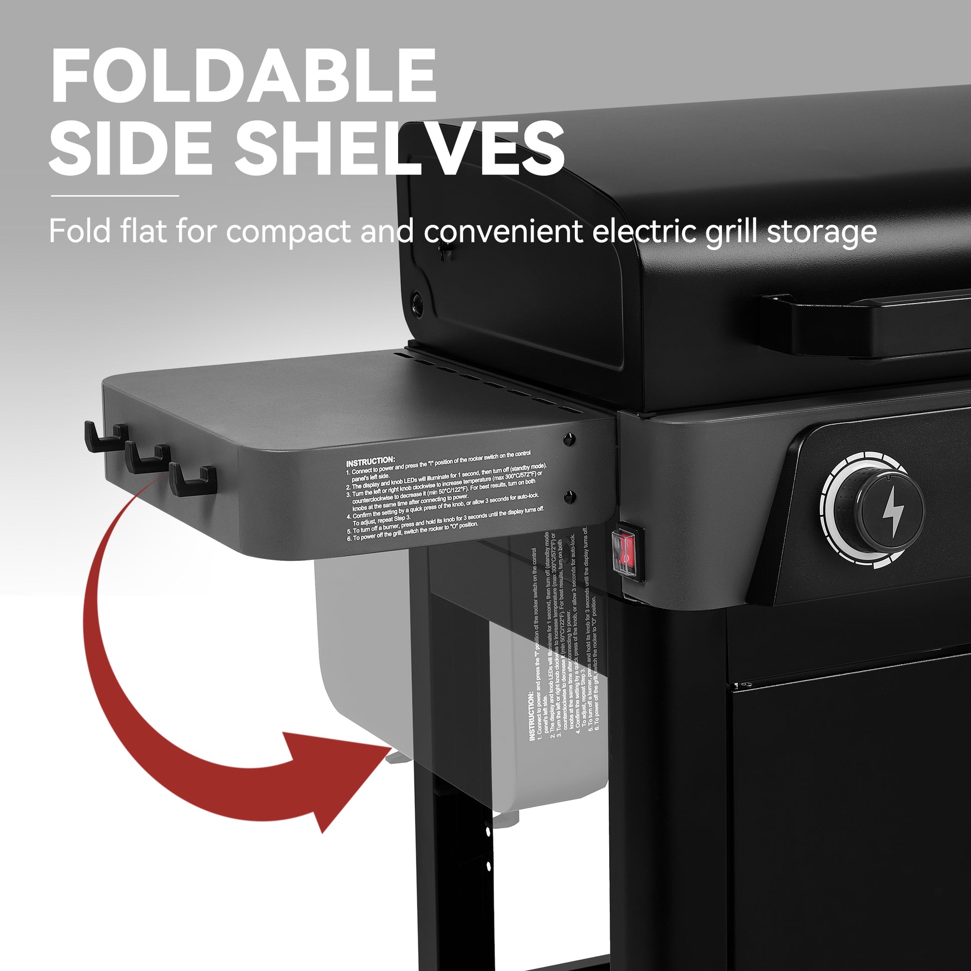 Close-up of a black Royal Gourmet electric grill with a side shelf extended outward, showing foldable side shelves and a red arrow indicating the shelf can be folded flat for storage.