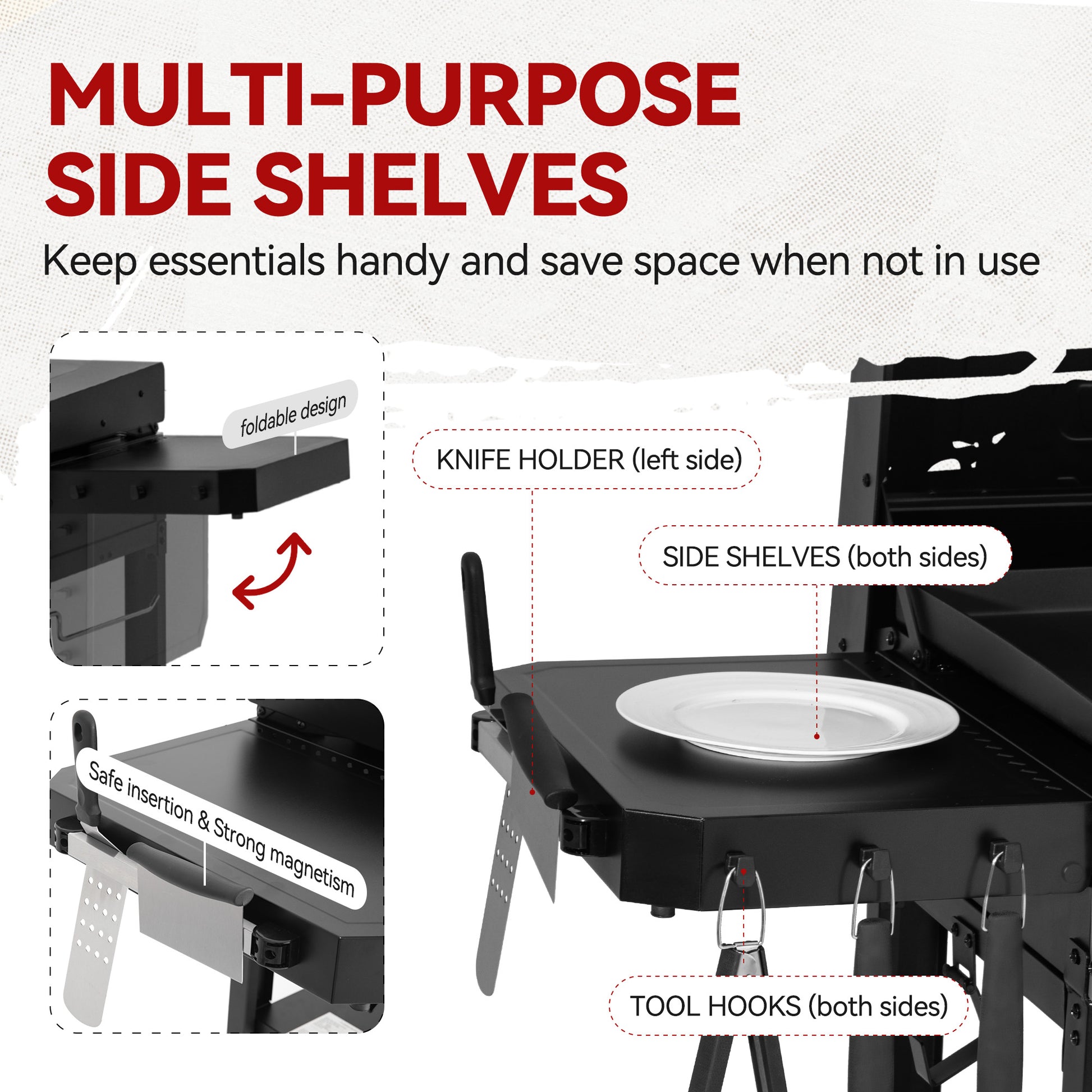 Royal Gourmet GB4005P foldable side shelves with magnetic knife holder and tool hooks