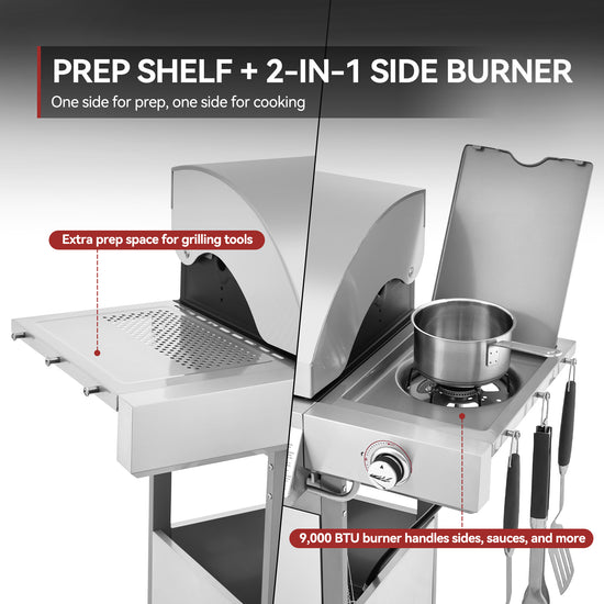A stainless steel Royal Gourmet outdoor grill shown in two views to highlight features: a left view with an extended prep shelf, and a right view with a pot on a side burner. Text overlays describe the prep shelf and 2-in-1 side burner functionality.