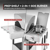 A stainless steel Royal Gourmet outdoor grill shown in two views to highlight features: a left view with an extended prep shelf, and a right view with a pot on a side burner. Text overlays describe the prep shelf and 2-in-1 side burner functionality.