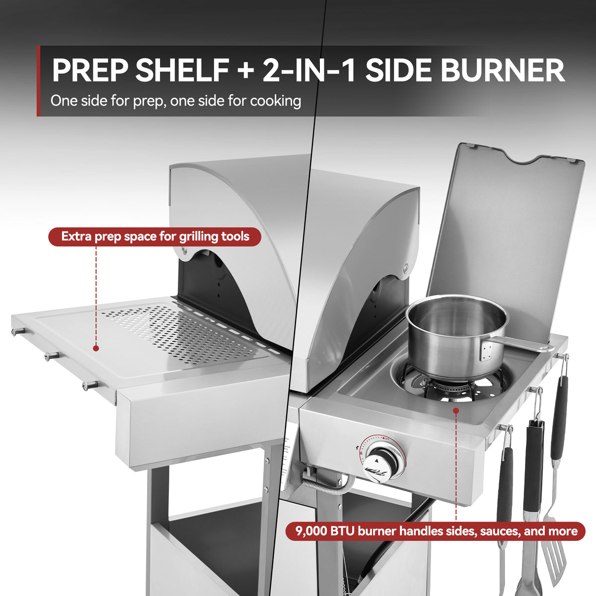 A stainless steel Royal Gourmet outdoor grill shown in two views to highlight features: a left view with an extended prep shelf, and a right view with a pot on a side burner. Text overlays describe the prep shelf and 2-in-1 side burner functionality.