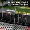 Adjustable charcoal pan support brackets shown on a grill lid, with text reading '2-LEVEL ADJUSTABLE CHARCOAL PAN' and arrows indicating high and low positions.