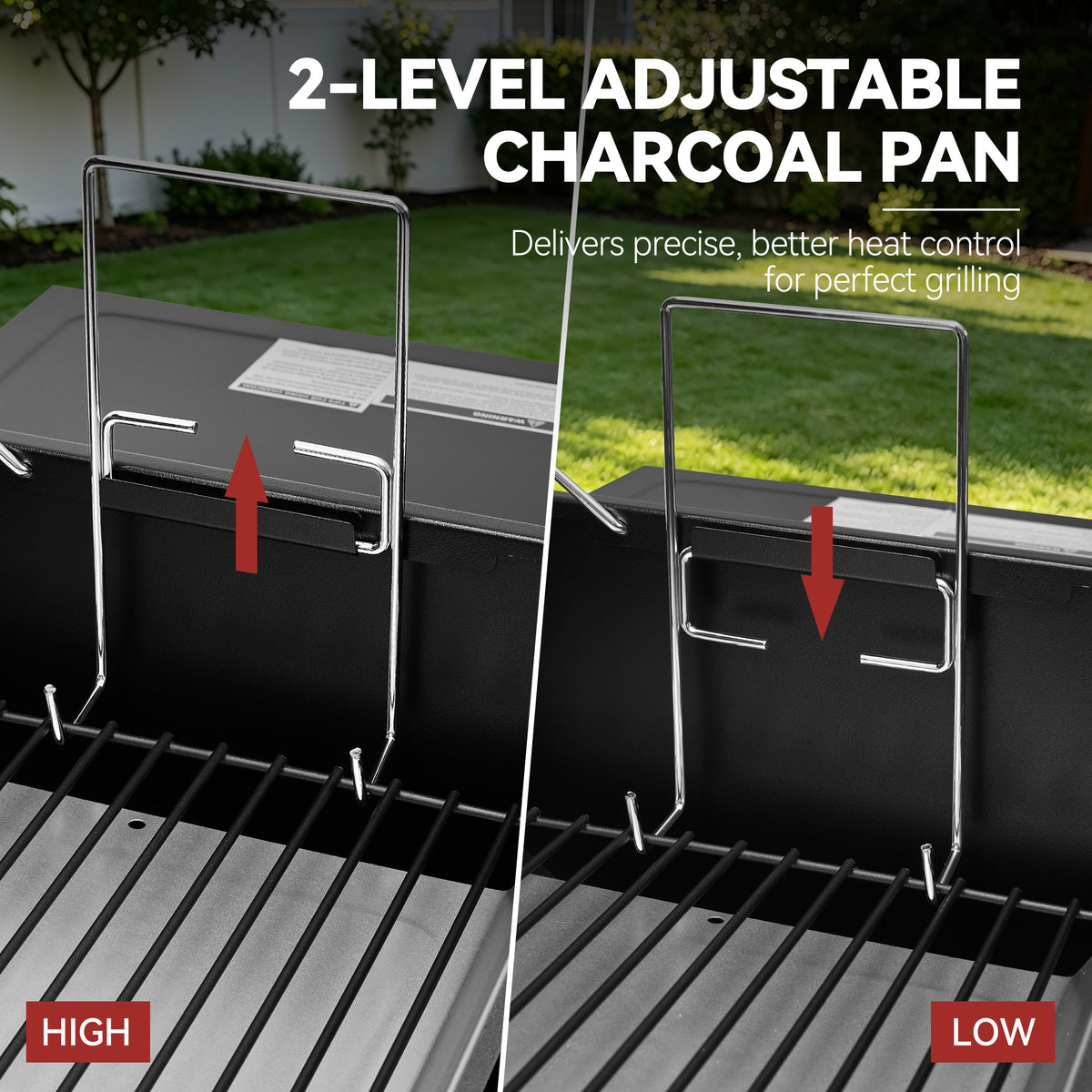 Adjustable charcoal pan support brackets shown on a grill lid, with text reading '2-LEVEL ADJUSTABLE CHARCOAL PAN' and arrows indicating high and low positions.