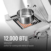 Royal Gourmet Stainless steel portable stove with pot on a gray background, featuring a 12,000 BTU side burner.