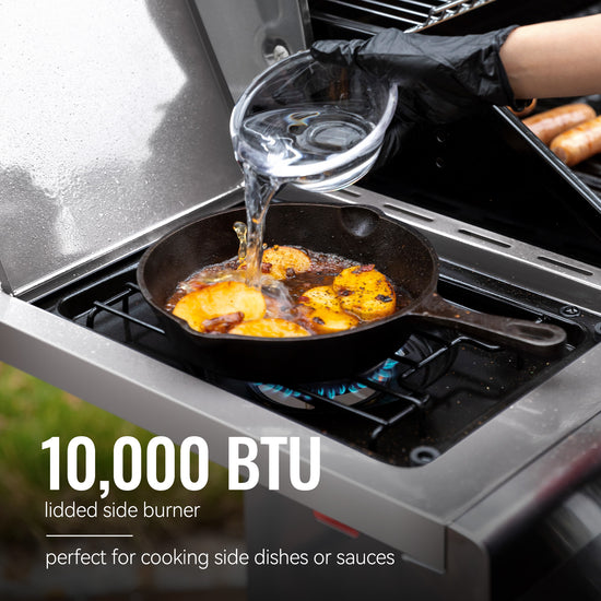 Person cooking outdoors with a portable Royal Gourmet  stove and frying pan, pouring liquid into food.