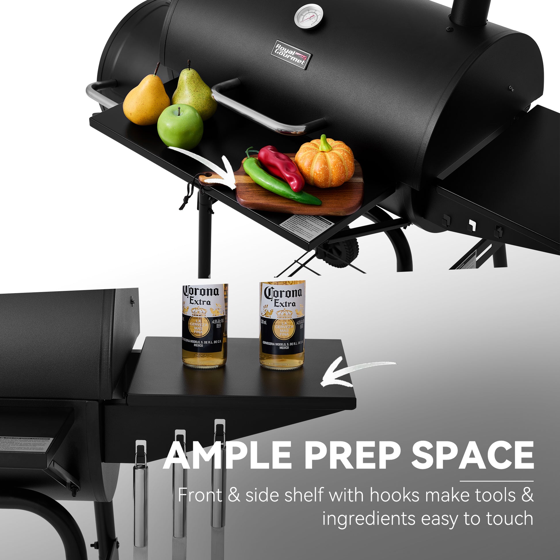 Royal Gourmet Black barbecue grill with prep space, fruits, vegetables, and Corona Extra cans on a white background