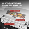 A stainless steel Royal Gourmet  gas grill with a clear-lidded view window showing cooked food inside, overlaid with feature callouts reading 'Built-in Thermometer,' 'Clear-view Window,' and 'Stainless Steel Handle,' plus the headline 'MULTI-FUNCTIONAL STAINLESS STEEL LID.'.