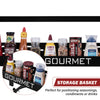 Gourmet storage basket with various condiments and drinks on a white background
