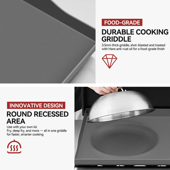 A promotional graphic for a round recessed Royal Gourmet cooking griddle, showing a close-up of the dark gray surface, text callouts about food-grade durability and innovative recessed design, and a hand lifting a silver lid over the griddle.